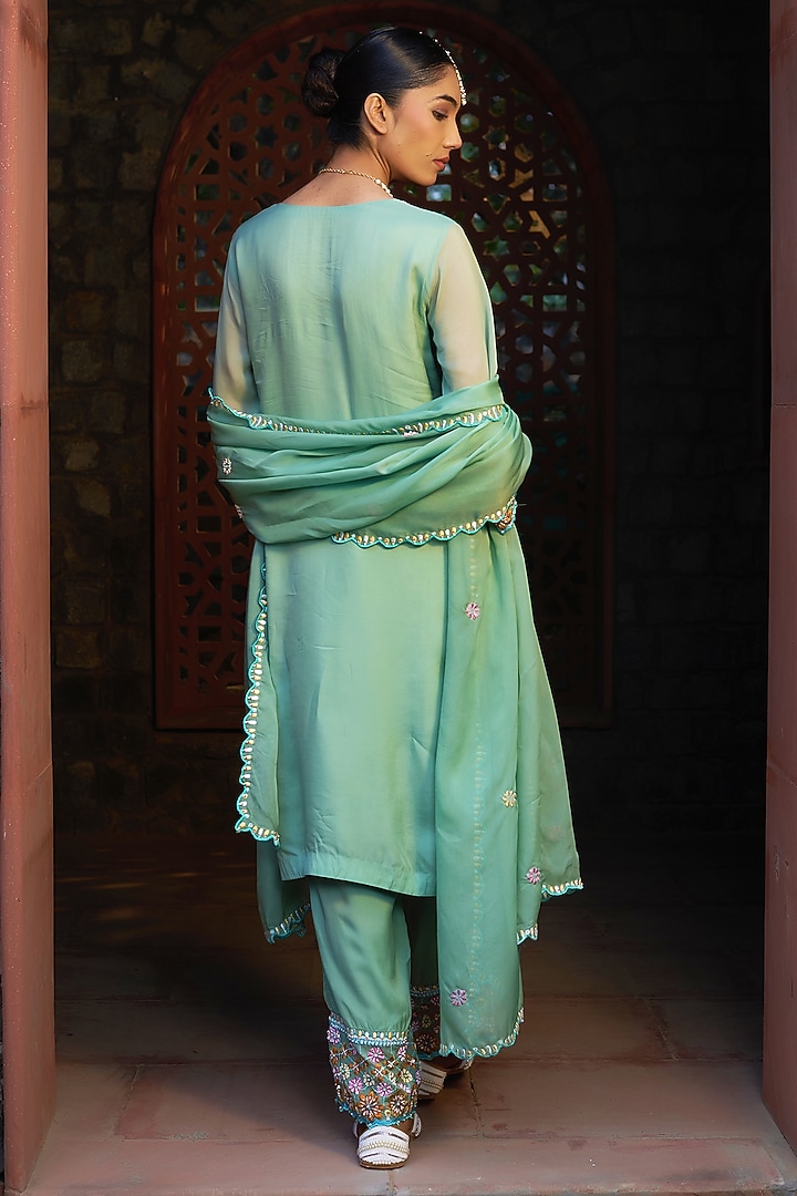 Teal Grey Organza Embroidered Kurta Set by Sonia Khatri at Pernia's Pop Up Shop