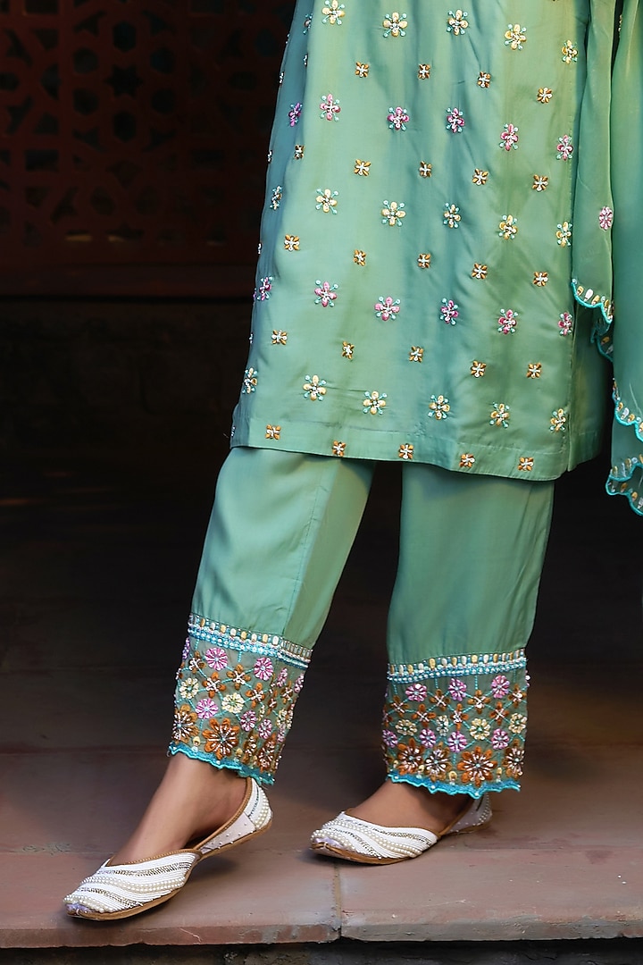 Teal Grey Organza Embroidered Kurta Set by Sonia Khatri at Pernia's Pop Up Shop