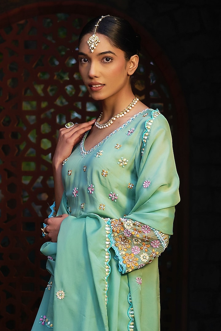 Teal Grey Organza Embroidered Kurta Set by Sonia Khatri at Pernia's Pop Up Shop