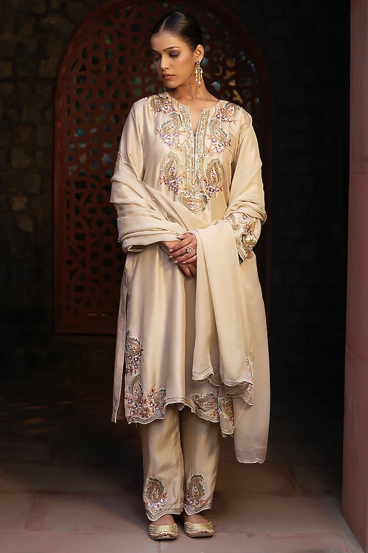 Beige Silk Resham & Zari Embroidered Kurta Set by Sonia Khatri