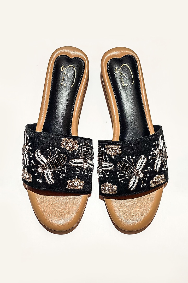 Black Vegan Leather Bead Embroidered Heels by Soleart Fashion