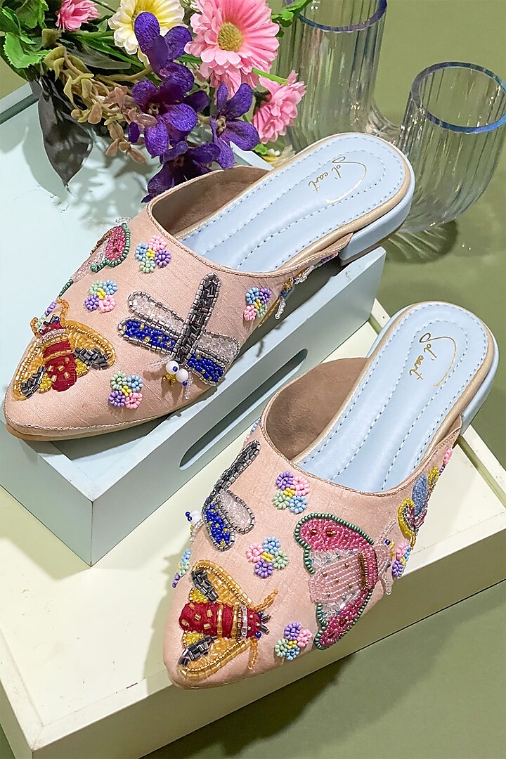 Peach Vegan Leather Floral Embroidered Mules by Soleart Fashion at Pernia's Pop Up Shop