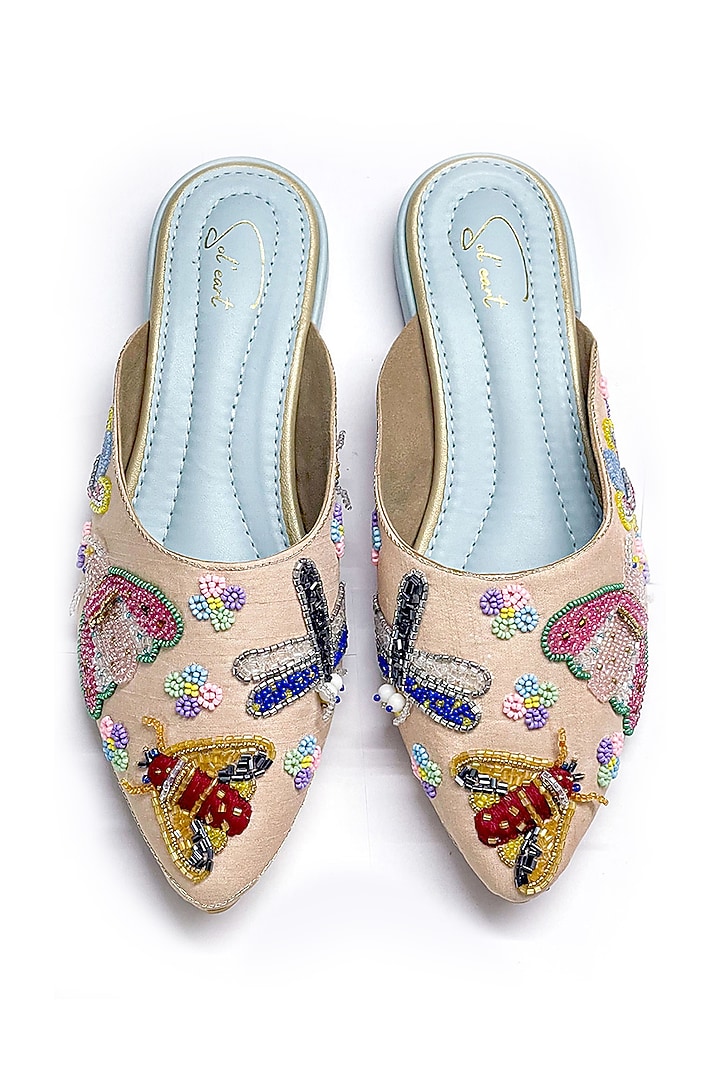 Peach Vegan Leather Floral Embroidered Mules by Soleart Fashion at Pernia's Pop Up Shop