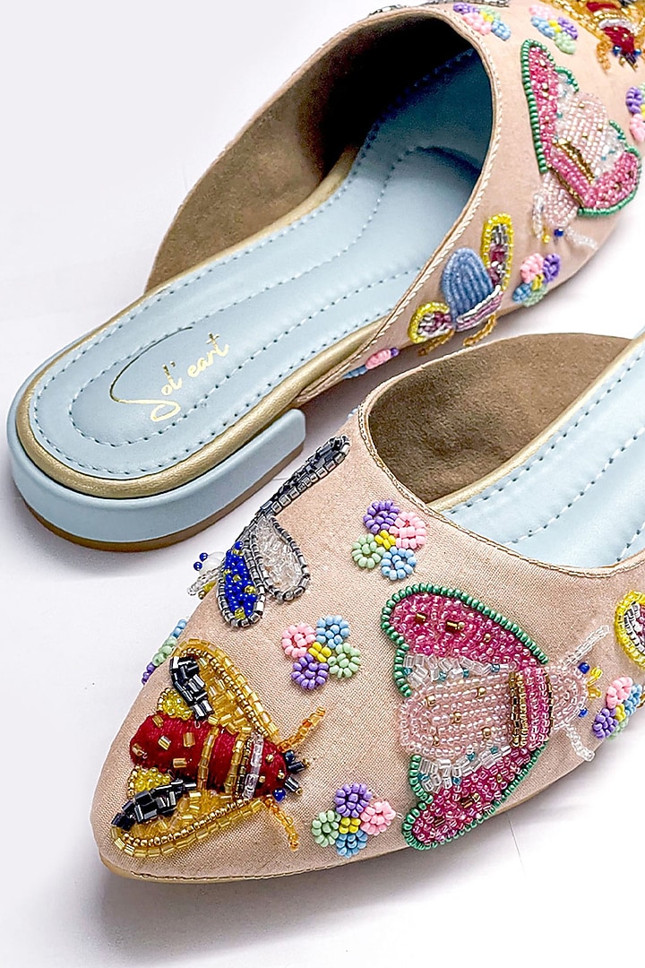 Peach Vegan Leather Floral Embroidered Mules by Soleart Fashion at Pernia's Pop Up Shop