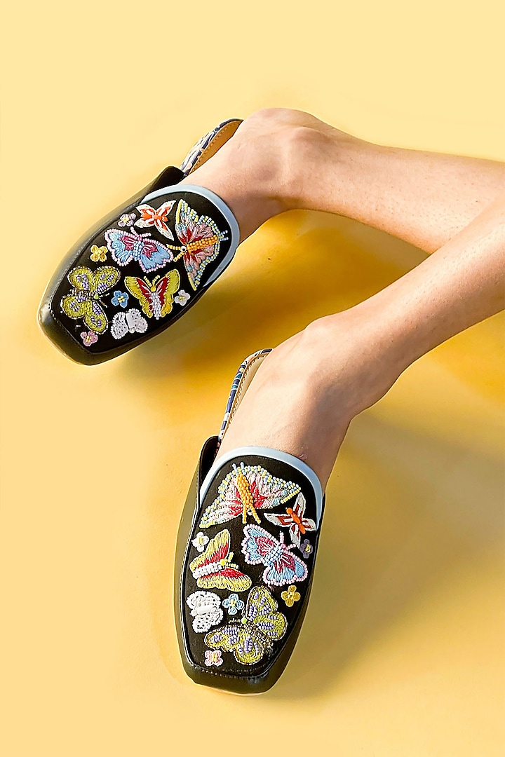 Multi-Colored Vegan Leather Floral Embroidered Mules by Soleart Fashion