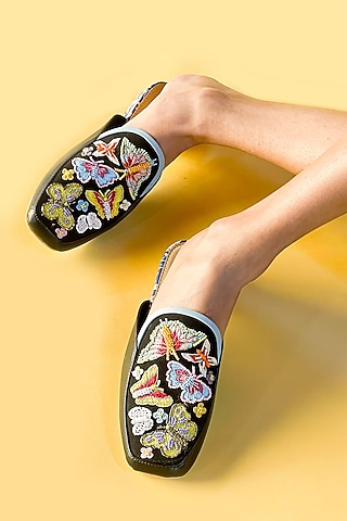 Multi-Colored Vegan Leather Floral Embroidered Mules by Soleart Fashion
