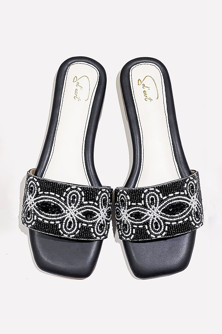 Black Vegan Leather Bead Embroidered Flats by Soleart Fashion at Pernia's Pop Up Shop