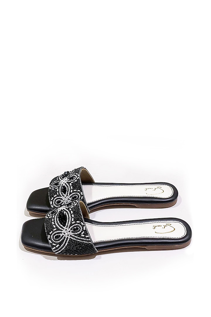 Black Vegan Leather Bead Embroidered Flats by Soleart Fashion at Pernia's Pop Up Shop