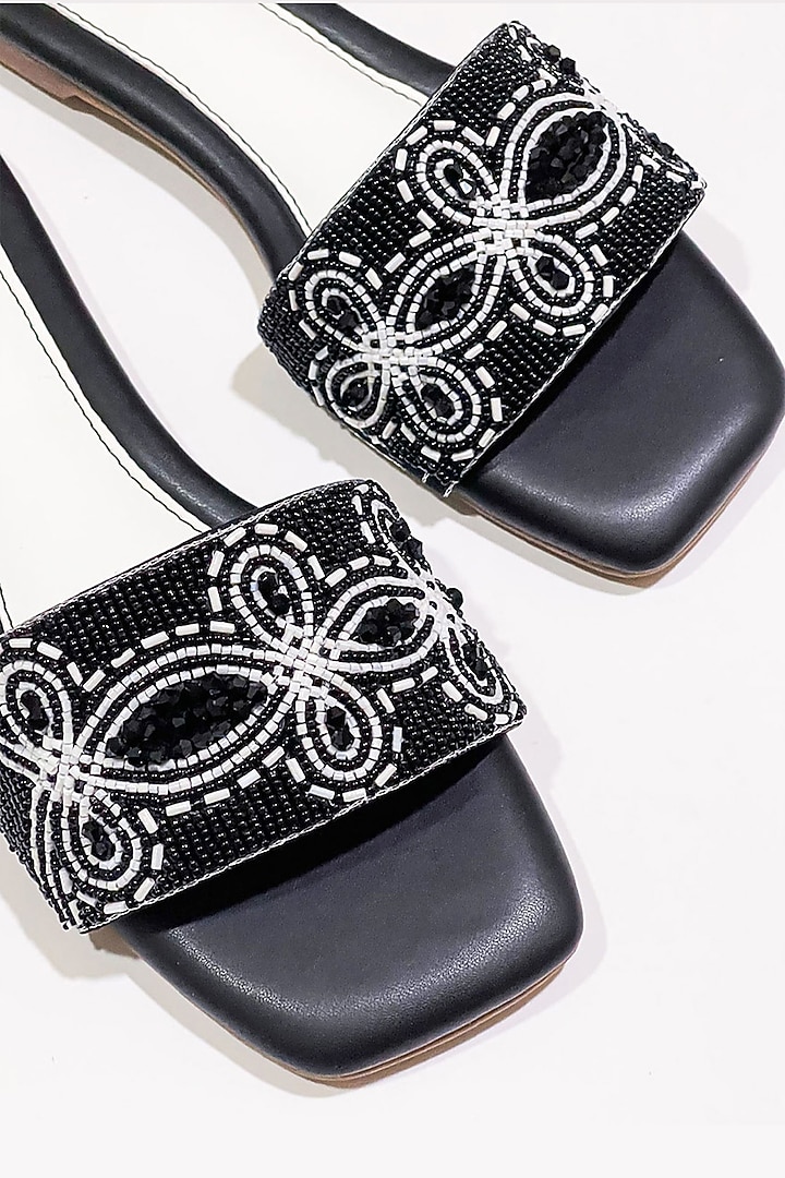 Black Vegan Leather Bead Embroidered Flats by Soleart Fashion at Pernia's Pop Up Shop