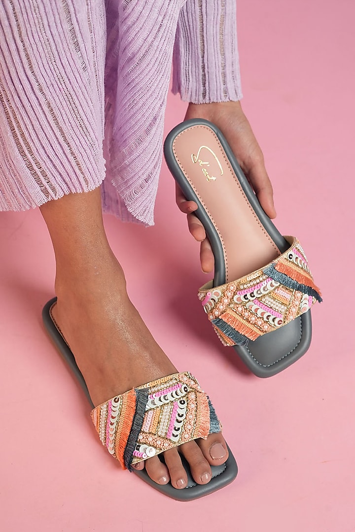 Multi-Colored Vegan Leather Bead Embellished Flats by Soleart Fashion