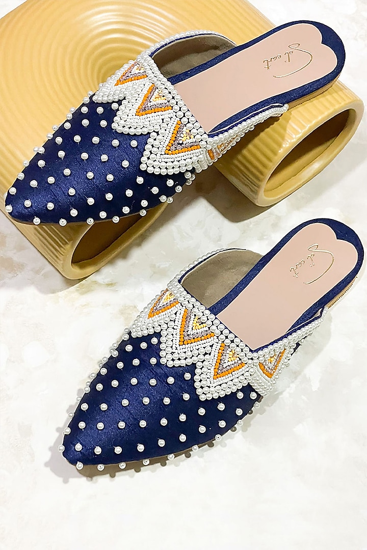Blue Vegan Leather Bead Embellished Mules by Soleart Fashion