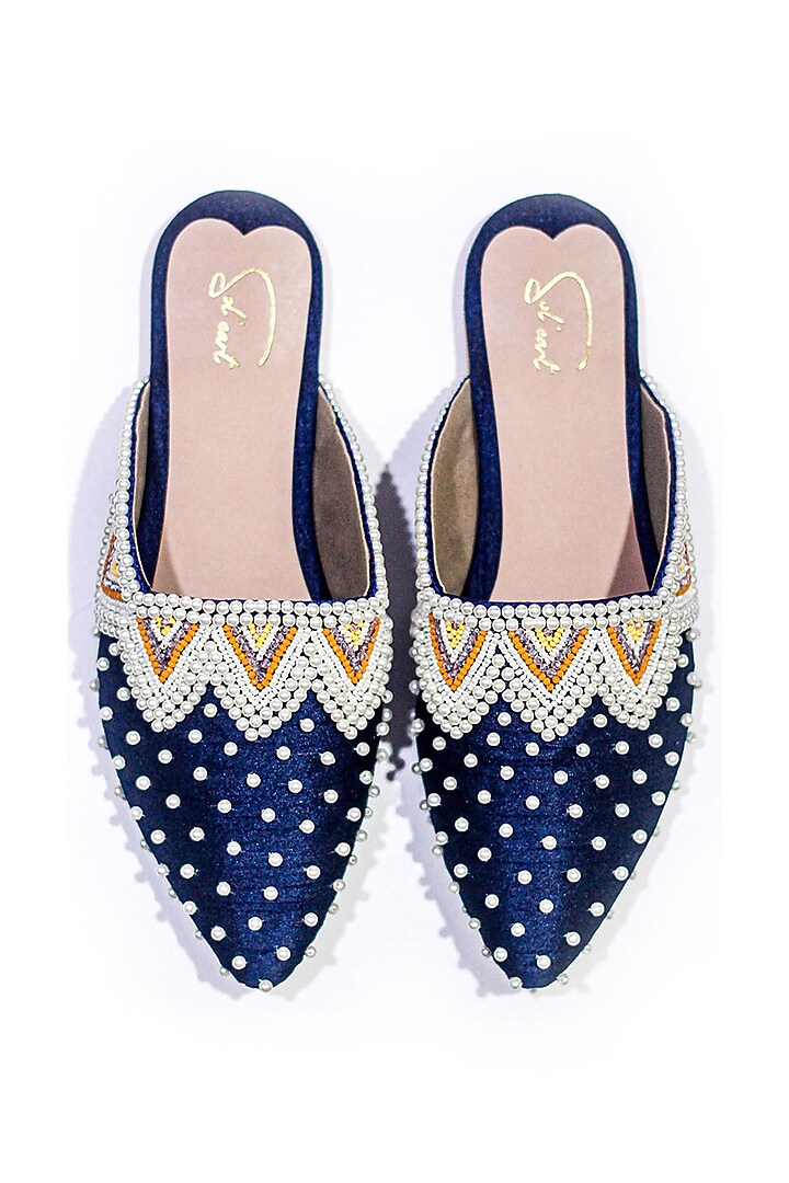 Blue Vegan Leather Bead Embellished Mules by Soleart Fashion at Pernia's Pop Up Shop