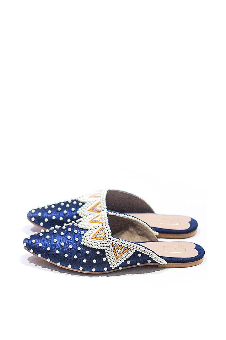Blue Vegan Leather Bead Embellished Mules by Soleart Fashion at Pernia's Pop Up Shop