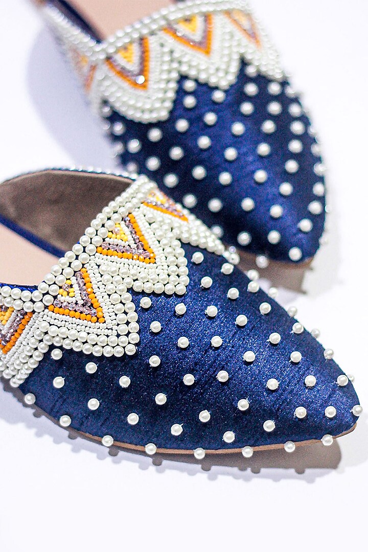 Blue Vegan Leather Bead Embellished Mules by Soleart Fashion at Pernia's Pop Up Shop