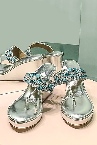 Silver Vegan Leather Stone Embellished Kolhapuri Heels by Soleart Fashion