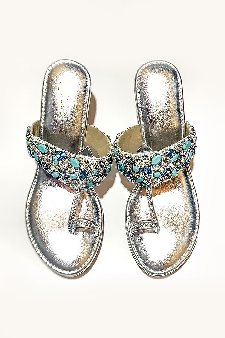 Silver Vegan Leather Stone Embellished Kolhapuri Heels by Soleart Fashion at Pernia's Pop Up Shop