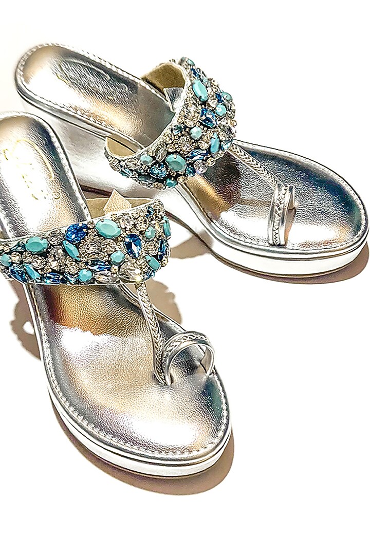 Silver Vegan Leather Stone Embellished Kolhapuri Heels by Soleart Fashion at Pernia's Pop Up Shop