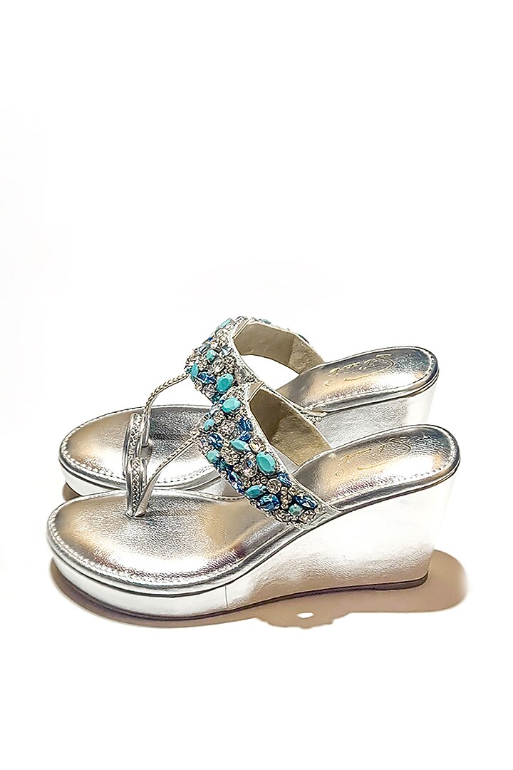 Silver Vegan Leather Stone Embellished Kolhapuri Heels by Soleart Fashion at Pernia's Pop Up Shop