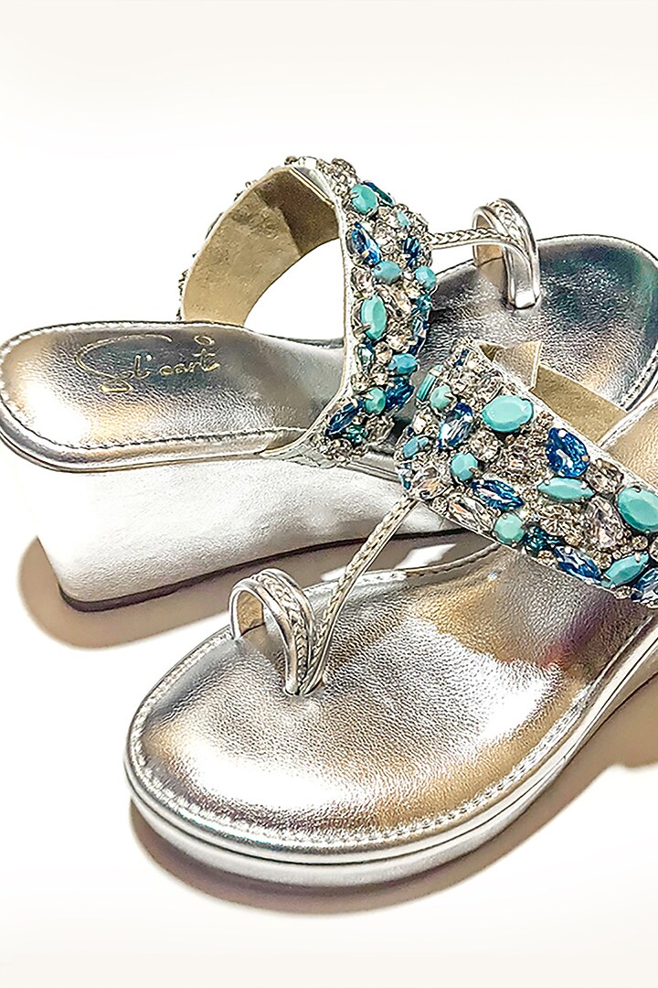 Silver Vegan Leather Stone Embellished Kolhapuri Heels by Soleart Fashion at Pernia's Pop Up Shop