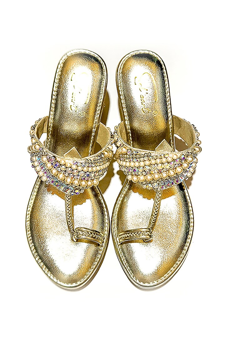 Gold Vegan Leather Stone Embellished Kolhapuri Heels by Soleart Fashion at Pernia's Pop Up Shop