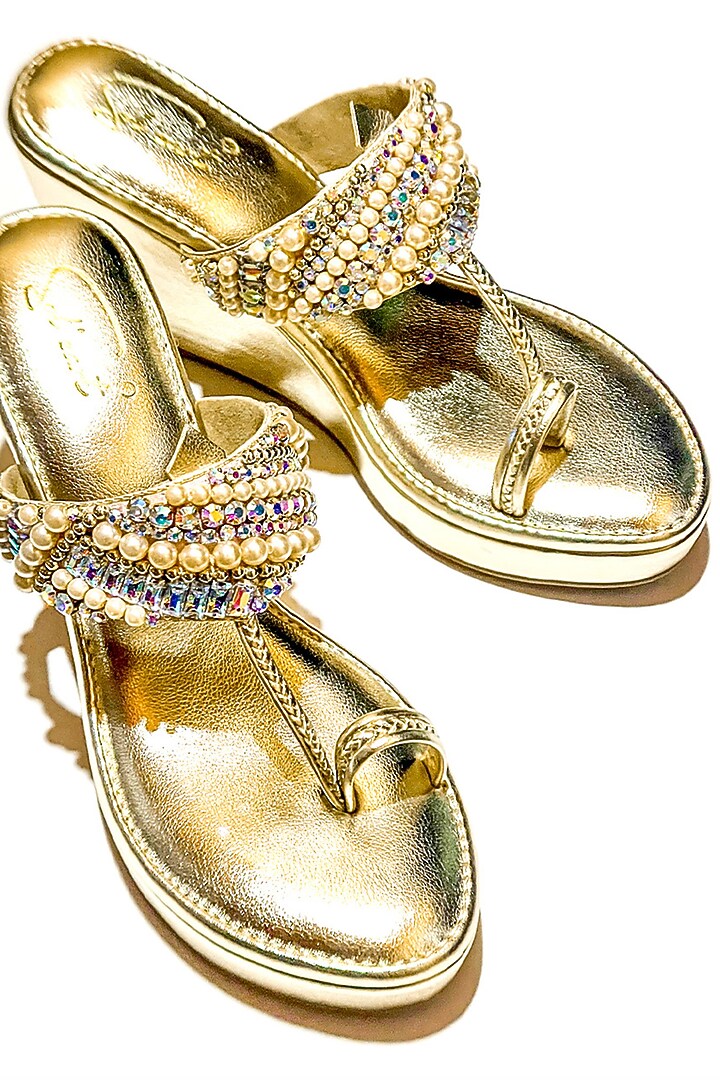 Gold Vegan Leather Stone Embellished Kolhapuri Heels by Soleart Fashion at Pernia's Pop Up Shop