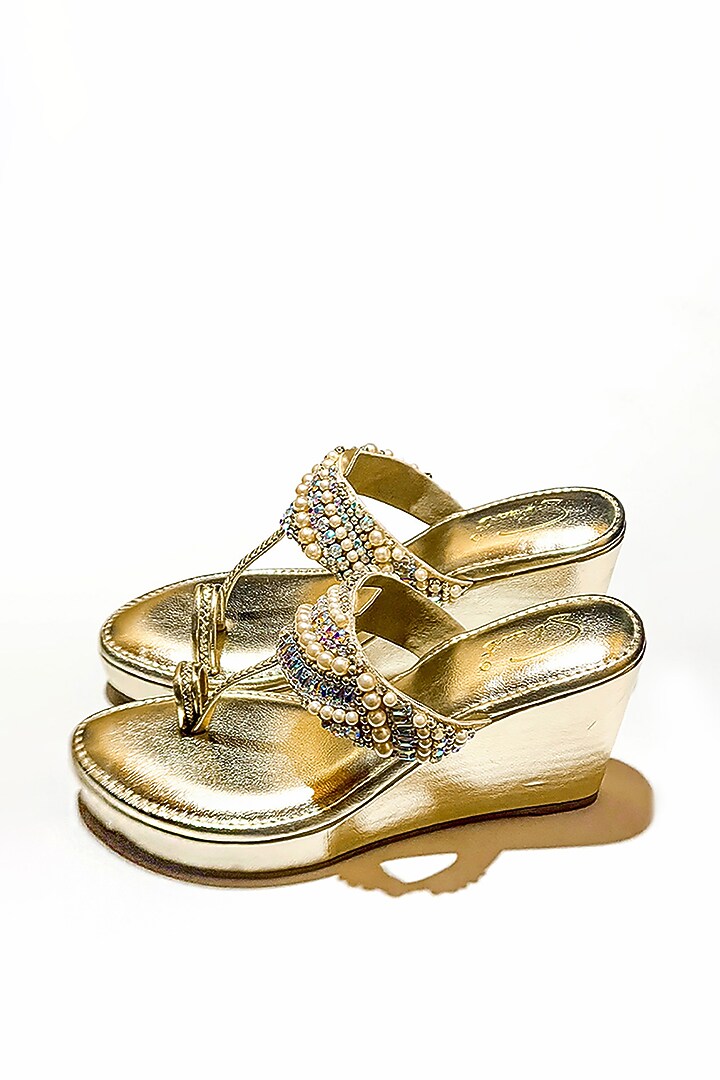 Gold Vegan Leather Stone Embellished Kolhapuri Heels by Soleart Fashion at Pernia's Pop Up Shop