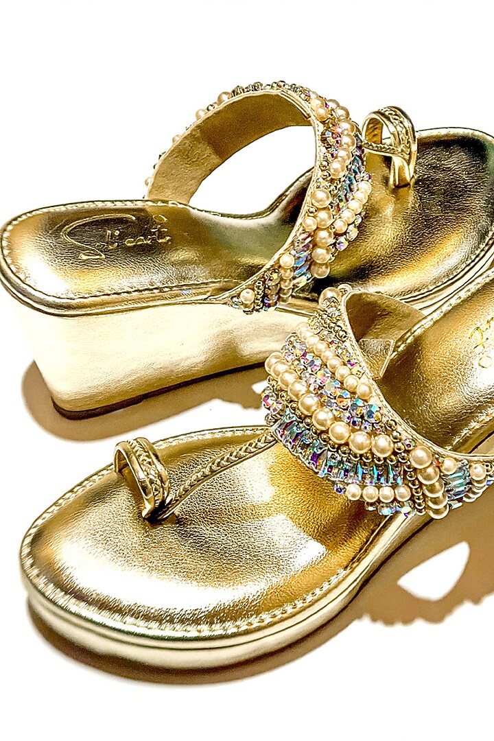 Gold Vegan Leather Stone Embellished Kolhapuri Heels by Soleart Fashion at Pernia's Pop Up Shop