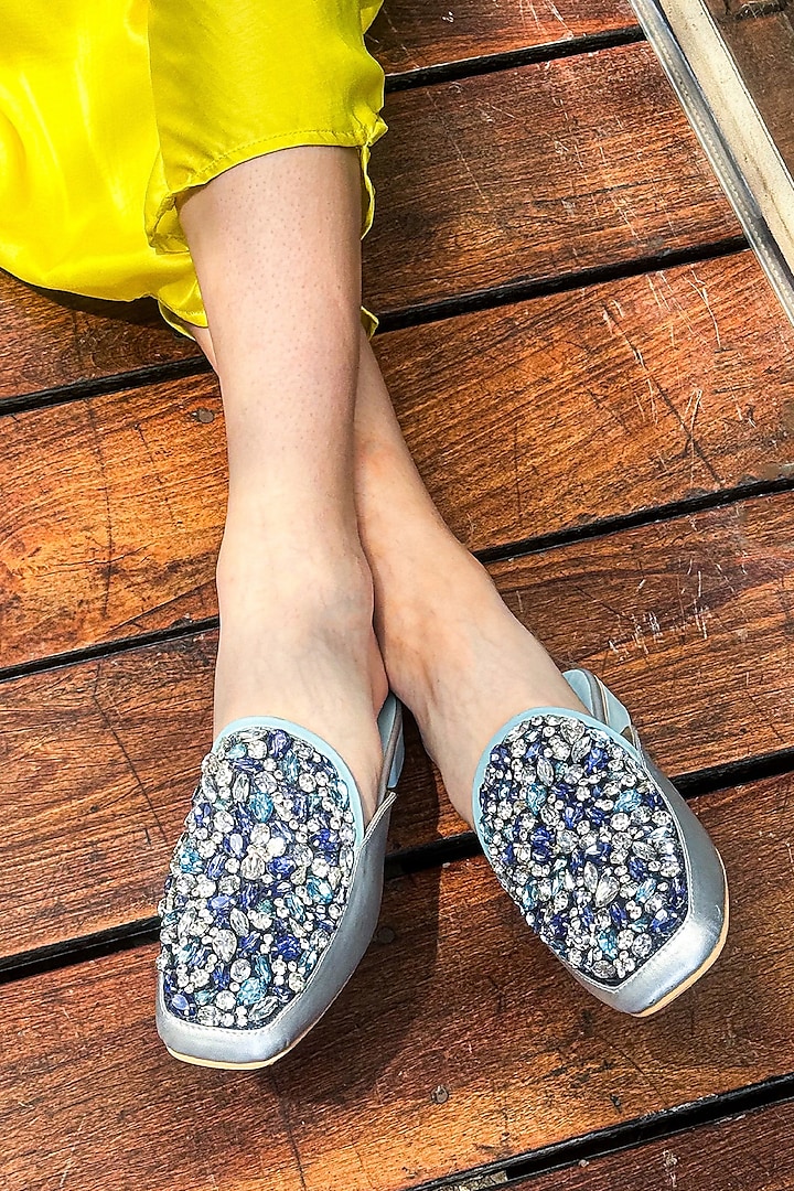 Multi-Colored Vegan Leather Stone Embellished Mules by Soleart Fashion