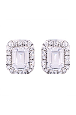 White Finish Swarovski Zirconia Halo Earrings In Sterling Silver by Solasta Jewellery