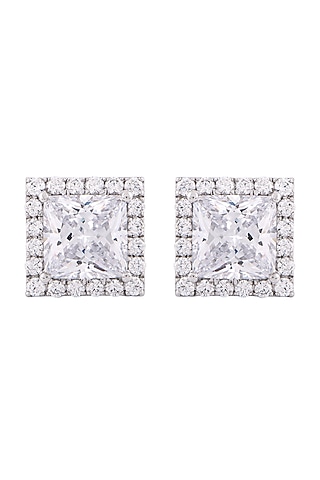 White Finish Swarovski Zirconia Halo Stud Earrings In Sterling Silver by Solasta Jewellery