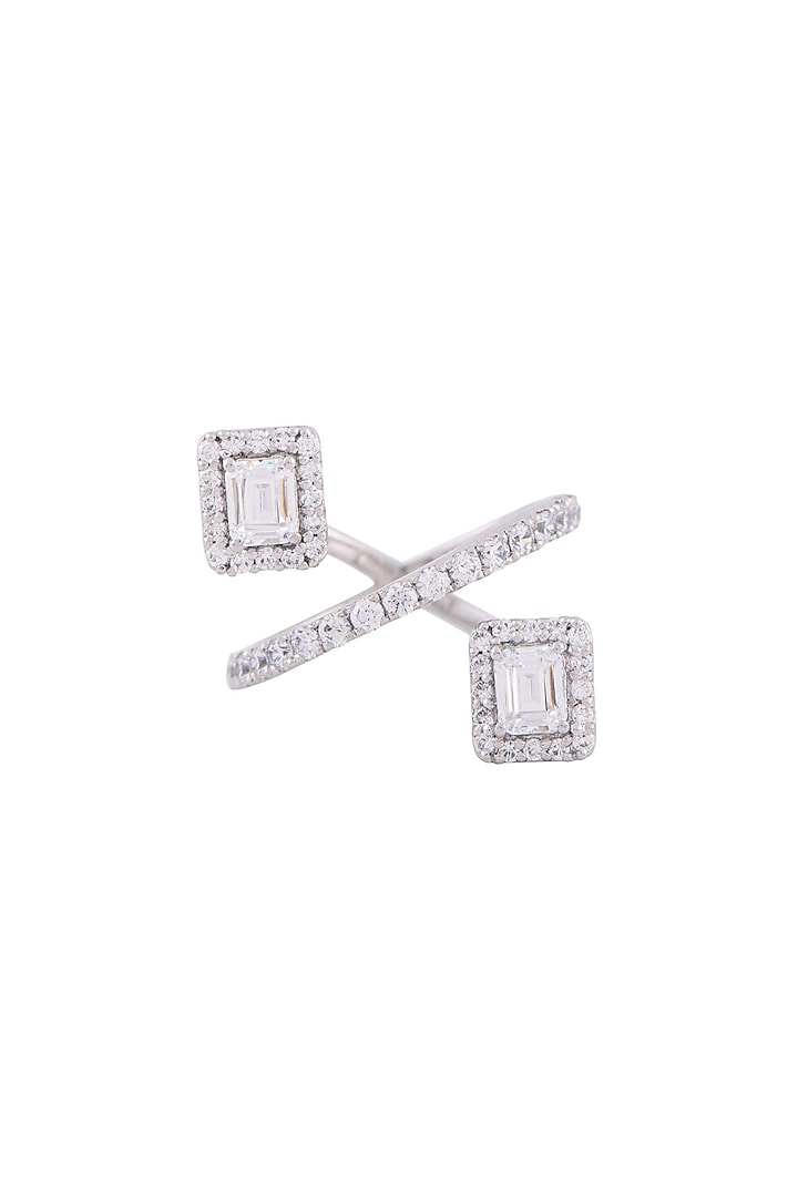 White Finish Swarovski Zirconia Criss-Cross Ring In Sterling Silver by Solasta Jewellery