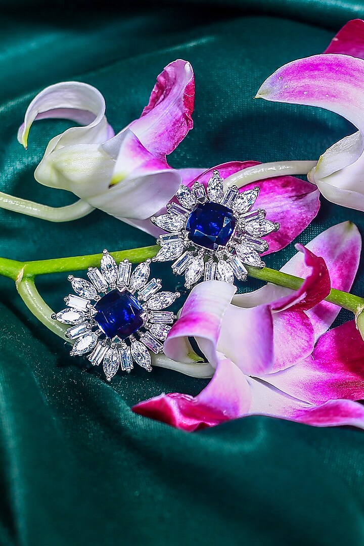 White Finish Swarovski & Sapphire Earrings by Solasta Jewellery at Pernia's Pop Up Shop