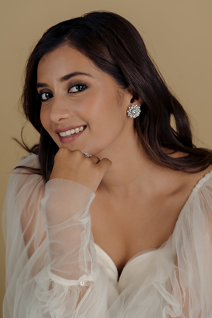 White Finish Swarovski Stud Earrings In Sterling Silver by Solasta Jewellery at Pernia's Pop Up Shop