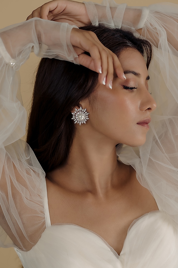 White Finish Pearl Stud Earrings In Sterling Silver by Solasta Jewellery