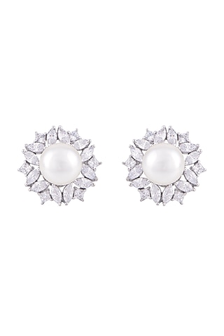 White Finish Fleur Pearl Stud Earrings In Sterling Silver by Solasta Jewellery