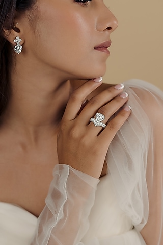 White Finish Swarovski Zirconia Ring In Sterling Silver by Solasta Jewellery