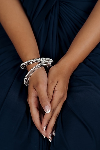 White Finish Swarovski Zirconia Bangles In Sterling Silver by Solasta Jewellery