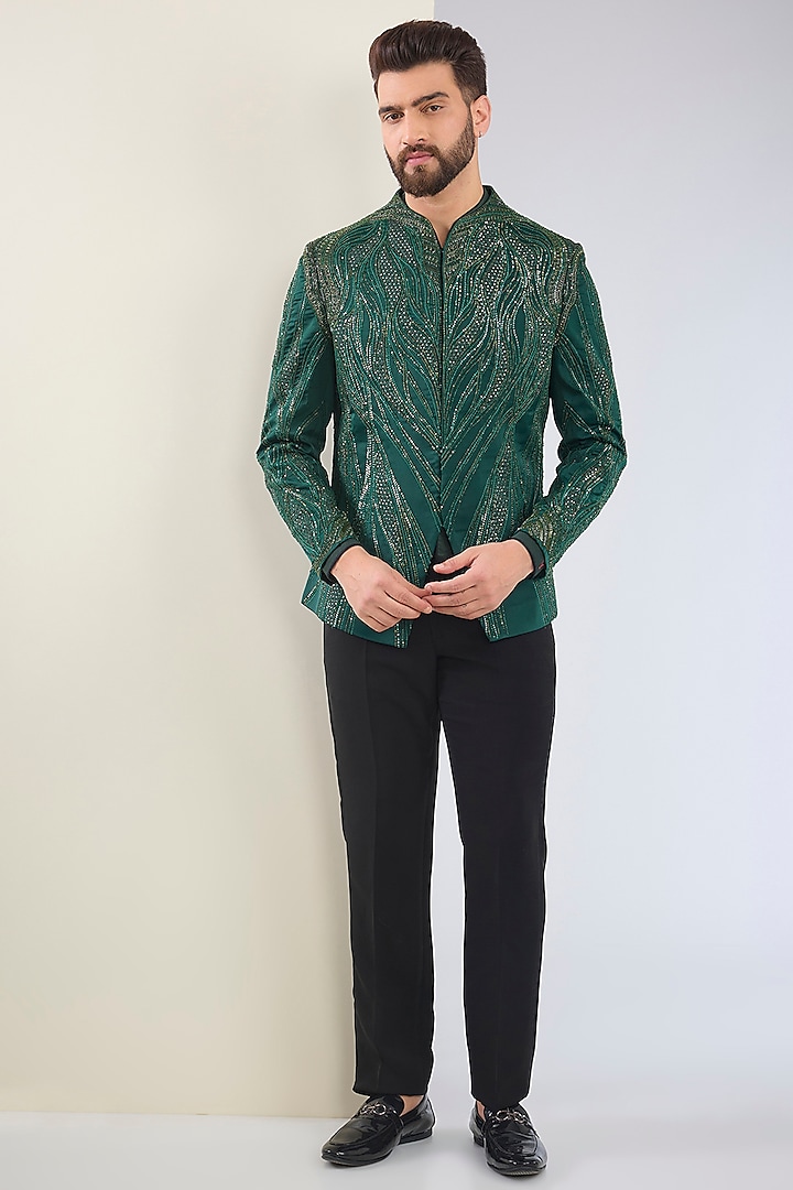 Green Cotton Silk Hand Embroidered Tuxedo Set by Soltee By Sulakshana Monga Men