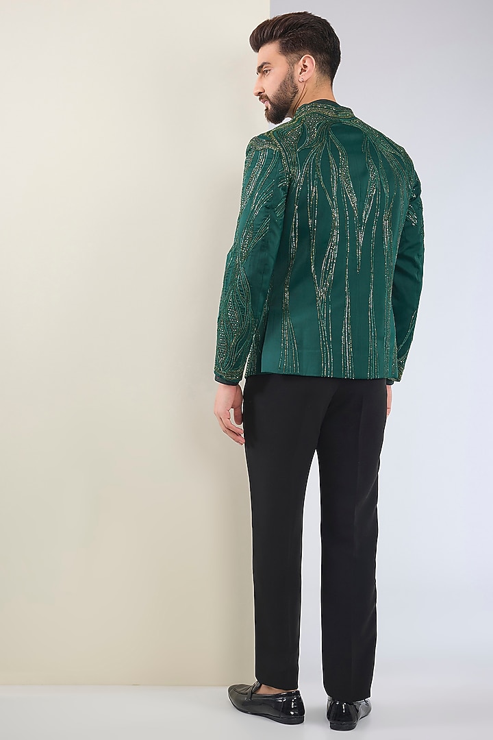 Green Cotton Silk Hand Embroidered Tuxedo Set by Soltee By Sulakshana Monga Men at Pernia's Pop Up Shop