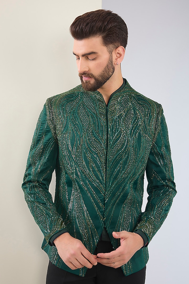 Green Cotton Silk Hand Embroidered Tuxedo Set by Soltee By Sulakshana Monga Men at Pernia's Pop Up Shop