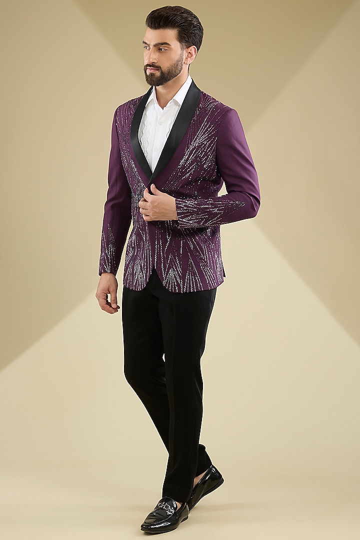 Wine Micro Suiting Hand Embroidered Tuxedo Set by Soltee By Sulakshana Monga Men