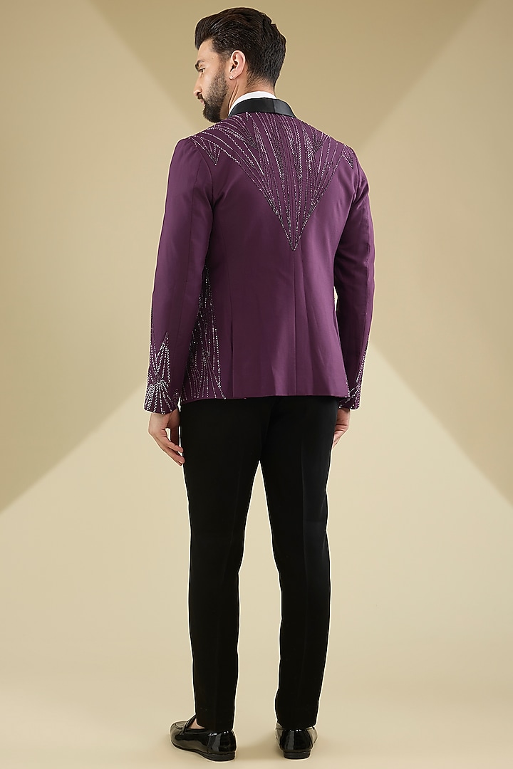 Wine Micro Suiting Hand Embroidered Tuxedo Set by Soltee By Sulakshana Monga Men at Pernia's Pop Up Shop