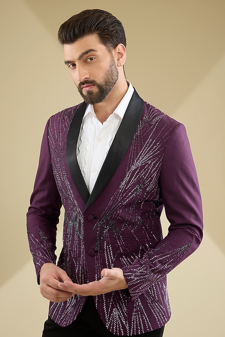 Wine Micro Suiting Hand Embroidered Tuxedo Set by Soltee By Sulakshana Monga Men at Pernia's Pop Up Shop