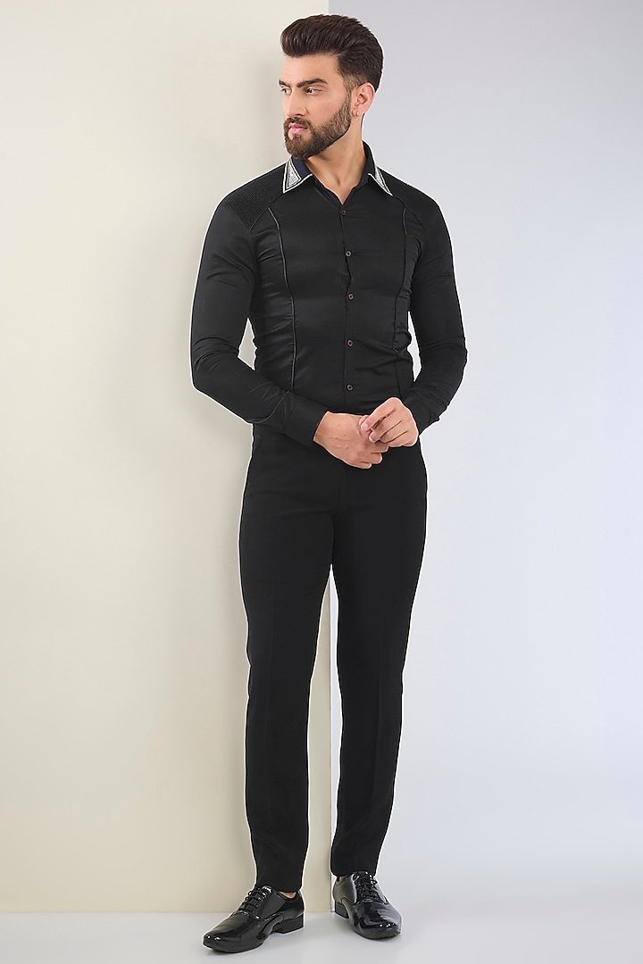 Black Micro Suiting Hand Embroidered Tuxedo Set by Soltee By Sulakshana Monga Men at Pernia's Pop Up Shop