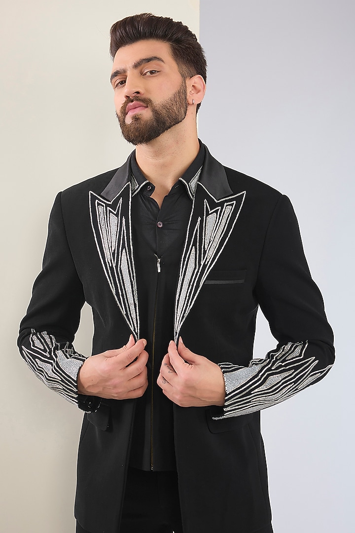 Black Micro Suiting Hand Embroidered Tuxedo Set by Soltee By Sulakshana Monga Men at Pernia's Pop Up Shop