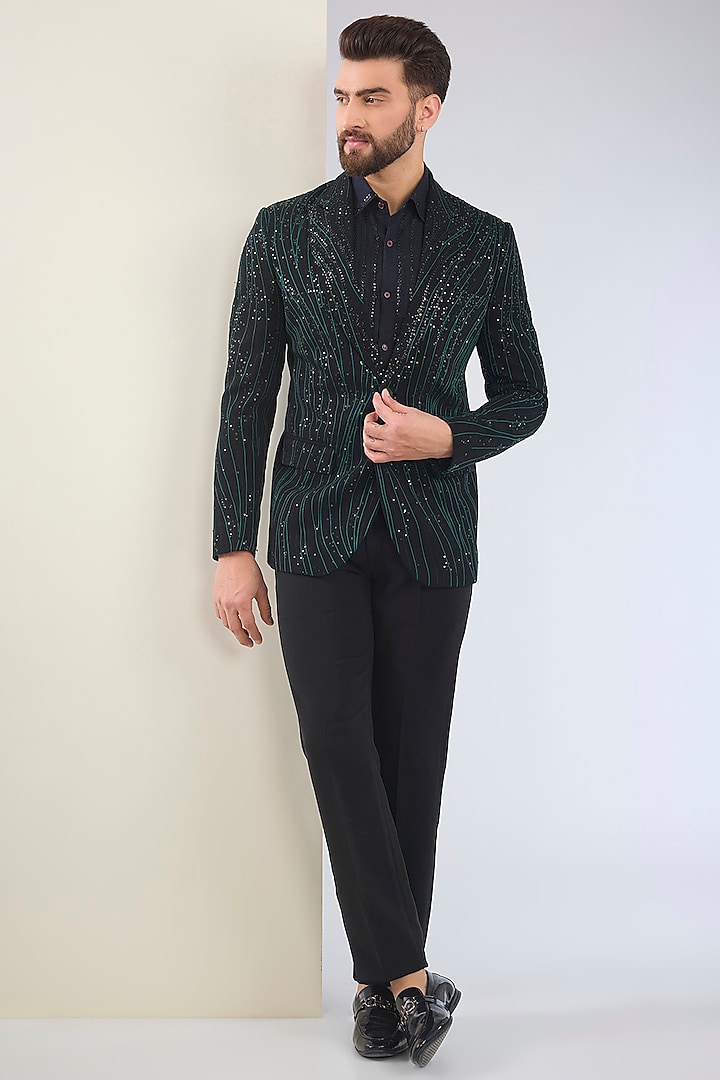 Black Micro Suiting Hand Embroidered Tuxedo Set by Soltee By Sulakshana Monga Men