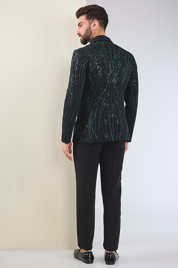 Black Micro Suiting Hand Embroidered Tuxedo Set by Soltee By Sulakshana Monga Men at Pernia's Pop Up Shop