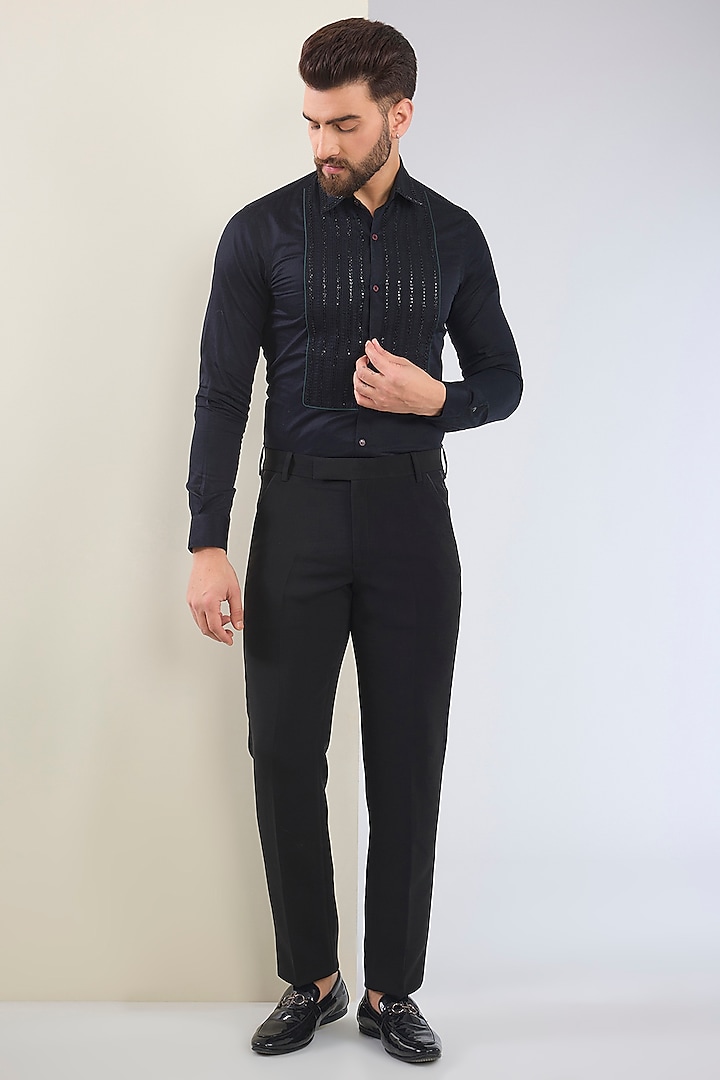 Black Micro Suiting Hand Embroidered Tuxedo Set by Soltee By Sulakshana Monga Men at Pernia's Pop Up Shop