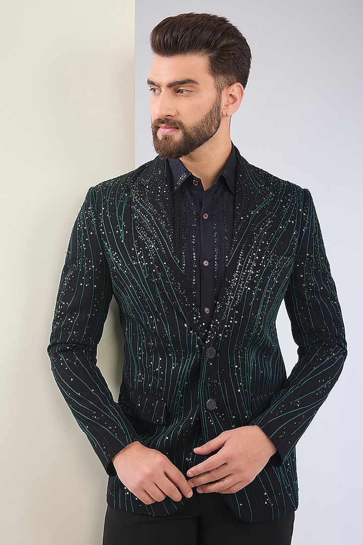 Black Micro Suiting Hand Embroidered Tuxedo Set by Soltee By Sulakshana Monga Men at Pernia's Pop Up Shop