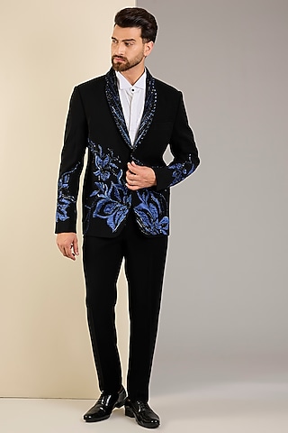 Black Micro Suiting Hand Embroidered Tuxedo Set by Soltee By Sulakshana Monga Men